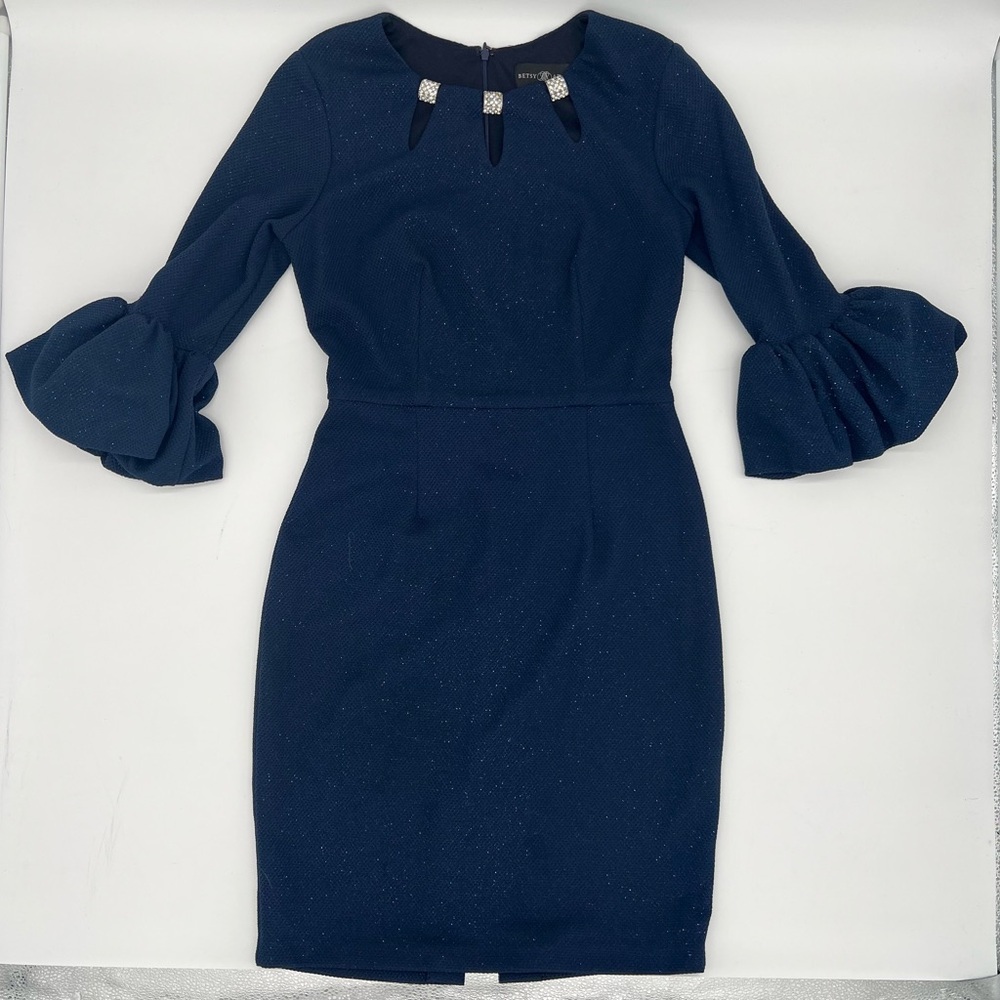 Betsy & Adam Blue‎ Glitter Dress Sz 8 – Retro Glam Bell Sleeves Rhinestone Neck